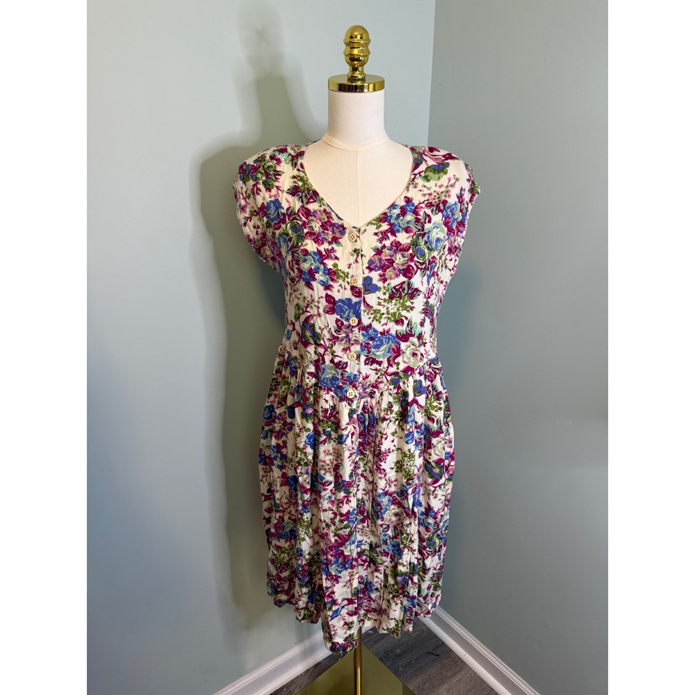 Vintage Point One Classics Floral Button Down Midi Dress Rayon 90s Size Medium